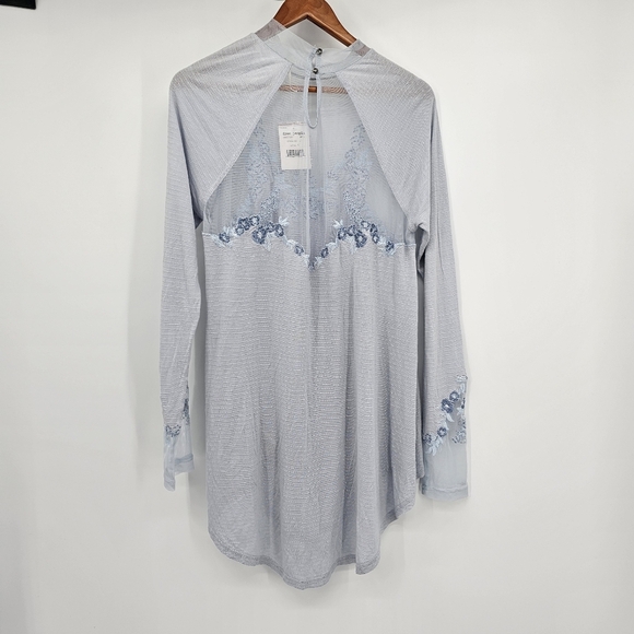 Free People Saheli Embroidered-Mesh Top Glacier Blue Womens Large New - Picture 5 of 10